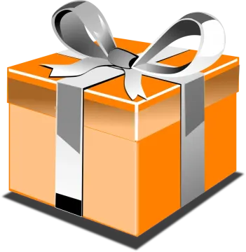 an orange gift box with a silver ribbon