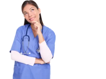 a woman in scrubs with her hand on her chin