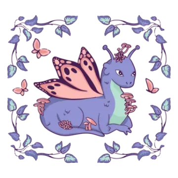 a blue dragon with pink wings and green leaves around it