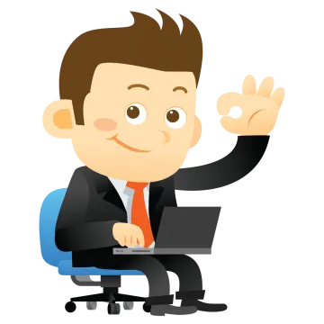a man in a suit sitting at a desk with his hand up