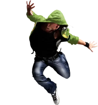a man wearing a green hoodie jumping in the air