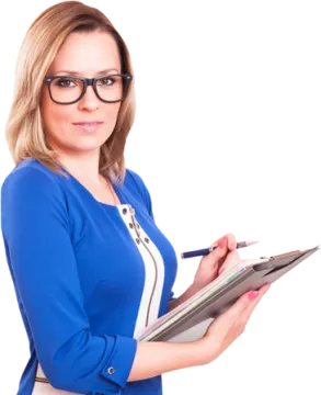 a woman in glasses holding a clipboard
