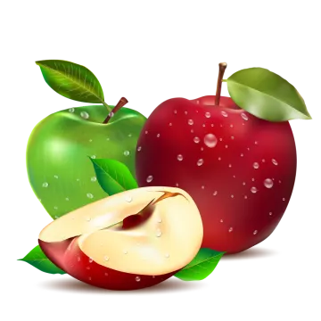 two red apples with green leaves and water drops