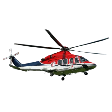 a red and white helicopter flying in the sky