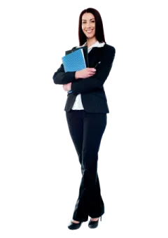 a woman wearing a suit and holding a book