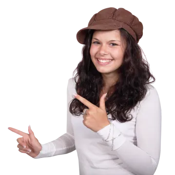 a woman wearing a hat and pointing at the camera