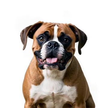 a brown and white dog with its tongue out