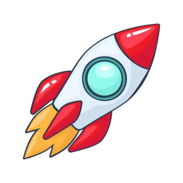 a red and white rocket with a green eye