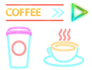a coffee cup and a neon sign with the word coffee