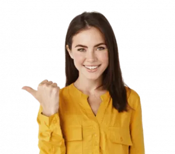 a woman in a yellow shirt points at the camera