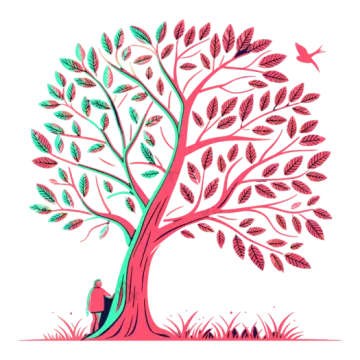 a tree with leaves and birds flying around it