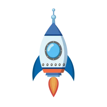 a blue and white rocket with a red tail