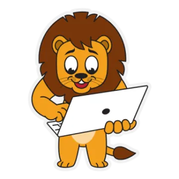 a cartoon lion holding a tablet