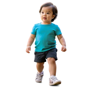 a small child in a blue shirt and black shorts