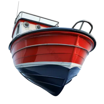 a red, white and blue boat on a white background