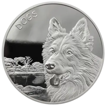 a silver coin with an image of a dog