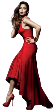 a woman in a red dress and high heels