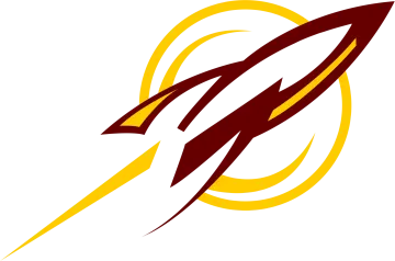 a red and yellow rocket flying through the air