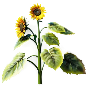 a sunflower with green leaves on a white background