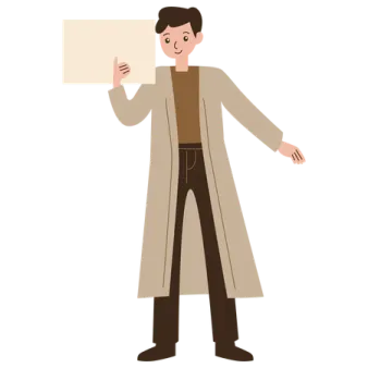 a man in a trench coat holding a sign