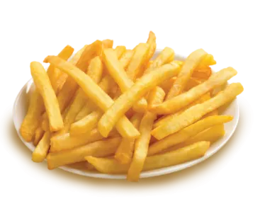 a plate of french fries on a white background