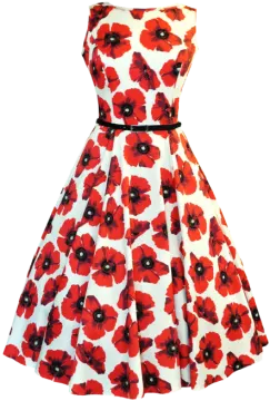 a white dress with red flowers on it