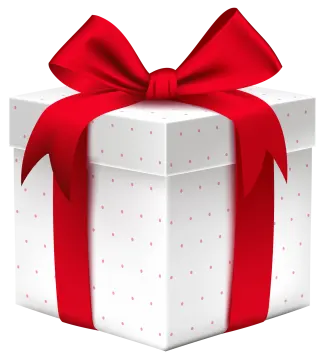 a white gift box with a red bow