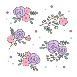 a set of flowers and leaves on a white background