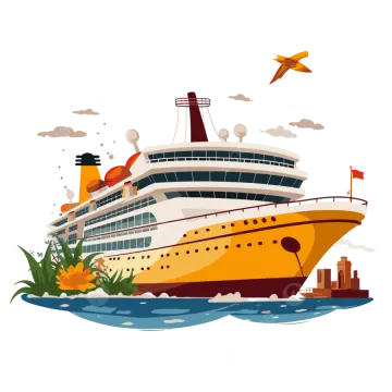 a cruise ship with tropical plants and birds