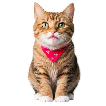 a brown and white cat wearing a pink banda