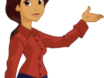 a woman in a red shirt pointing at something