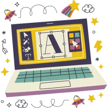 a laptop with an image of a rocket and other objects around it