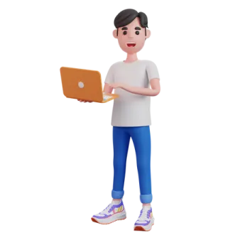 a 3d man holding a laptop computer