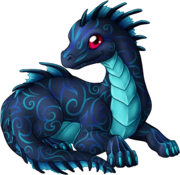 a black and blue dragon with red eyes