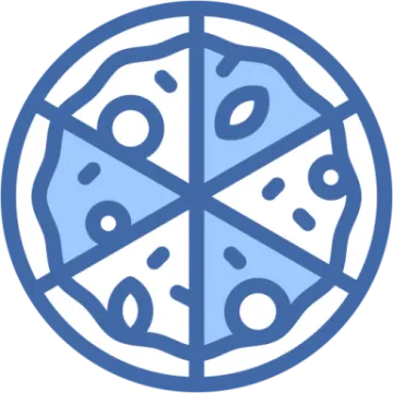 a blue and white pizza with slices cut into it