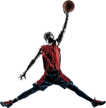 a basketball player jumping in the air with a ball