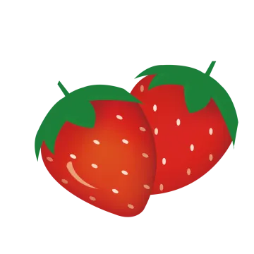 two red strawberries with green leaves