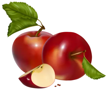 two red apples with green leaves