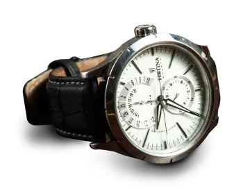a close up of a watch on a white background