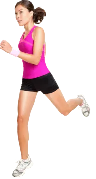 a woman in pink shirt and black shorts running