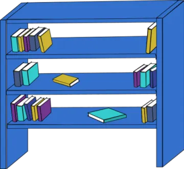 a blue bookcase with books on it