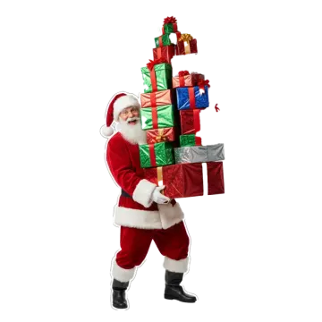a man dressed as santa carrying a large stack of presents