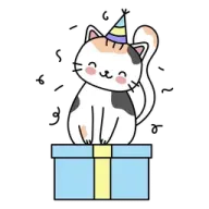 a cat in a birthday hat sitting on top of a box
