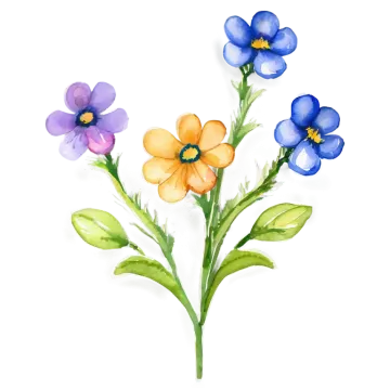 a watercolor painting of blue and orange flowers