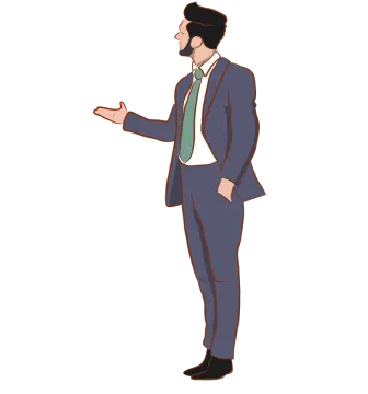 a man in a suit and tie pointing at something