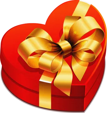 a red heart shaped box with a gold bow