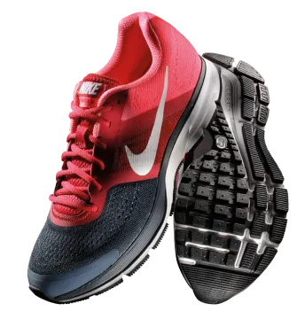 a pair of red and black running shoes