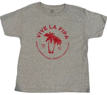 a grey t - shirt with a red palm tree on the front