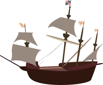 a pirate ship with sails and a flag
