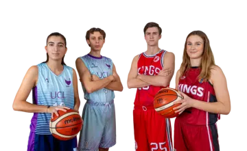 three young men and women holding basketballs